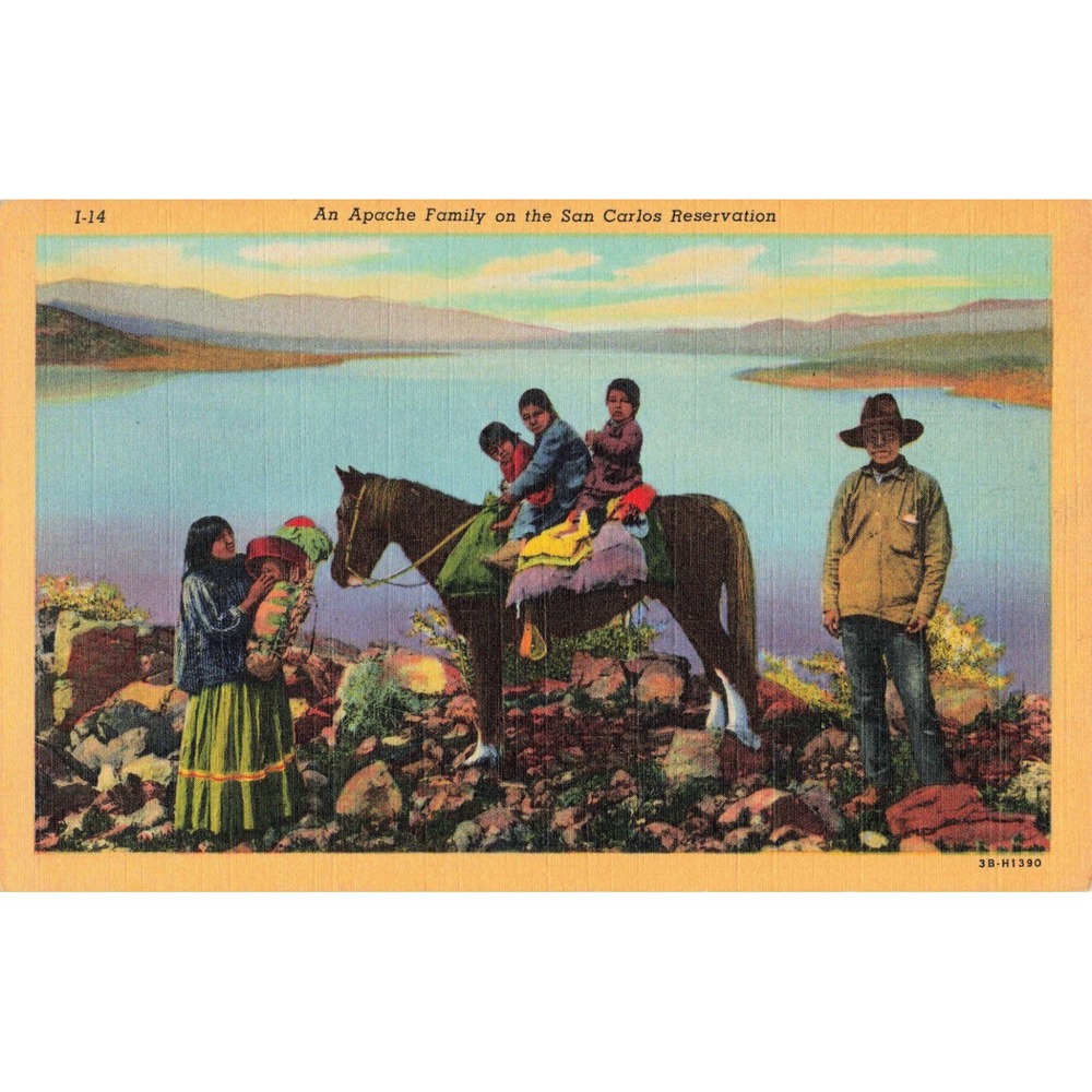 Vtg Apache Family San Carlos Reservation Arizona Linen Postcard I-14 CurtTeich
